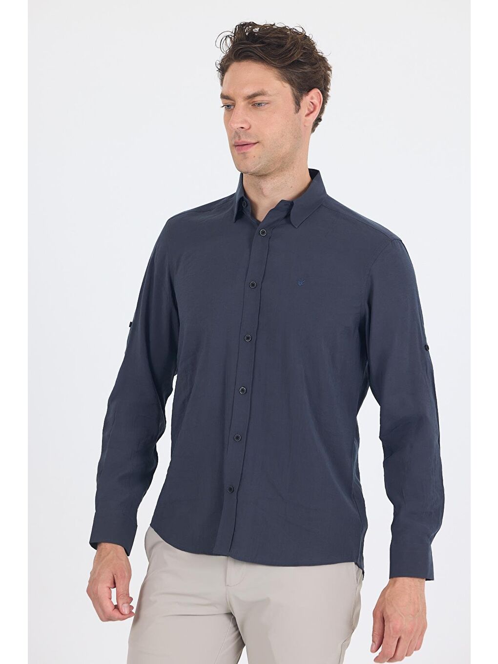Koyu Antrasit Kısalabilir Kol Smart Biritli Yaka Cepsiz Slim Fit Gömlek 1004250224-1