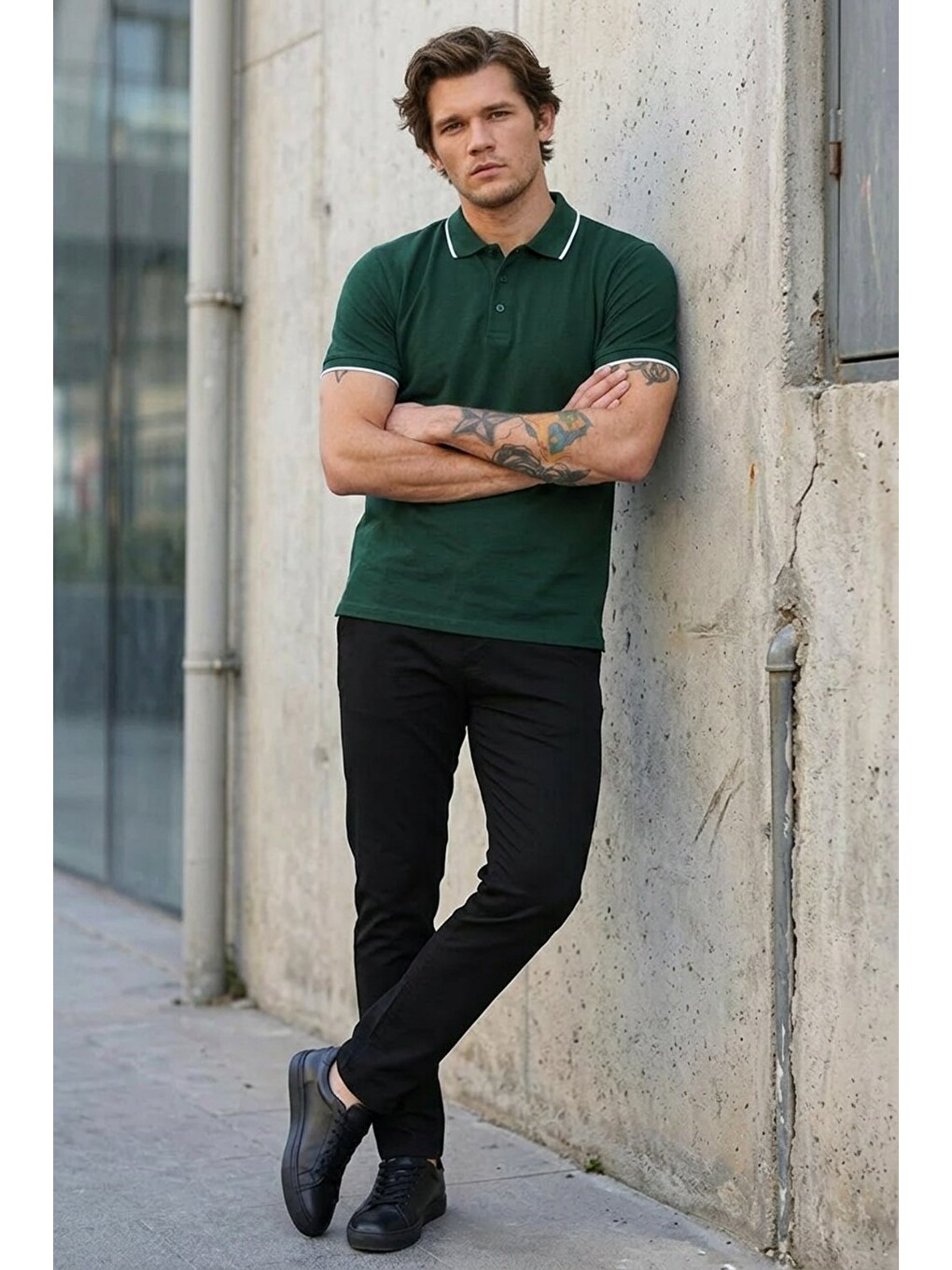 Erkek Günlük Kısa Kollu Dar Haki Polo Yaka Tişört-2