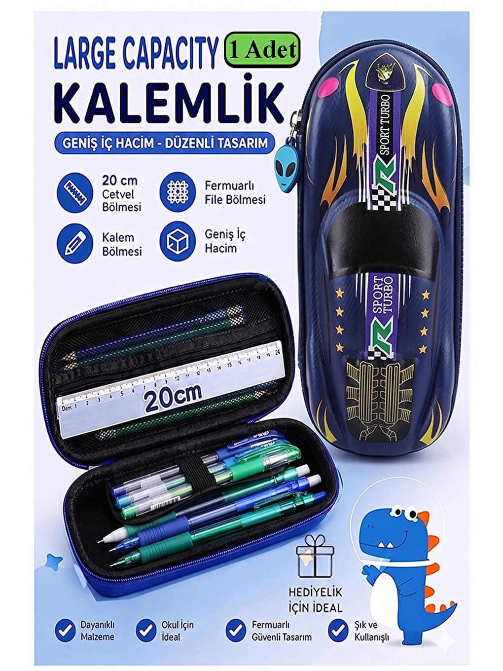Araba Kabartmalı Bölmeli Kalemlik 1 Adet P-5953 Erkek Çocuk Okul Kalem Kutusu 3 Boyutlu Sevimli Kari