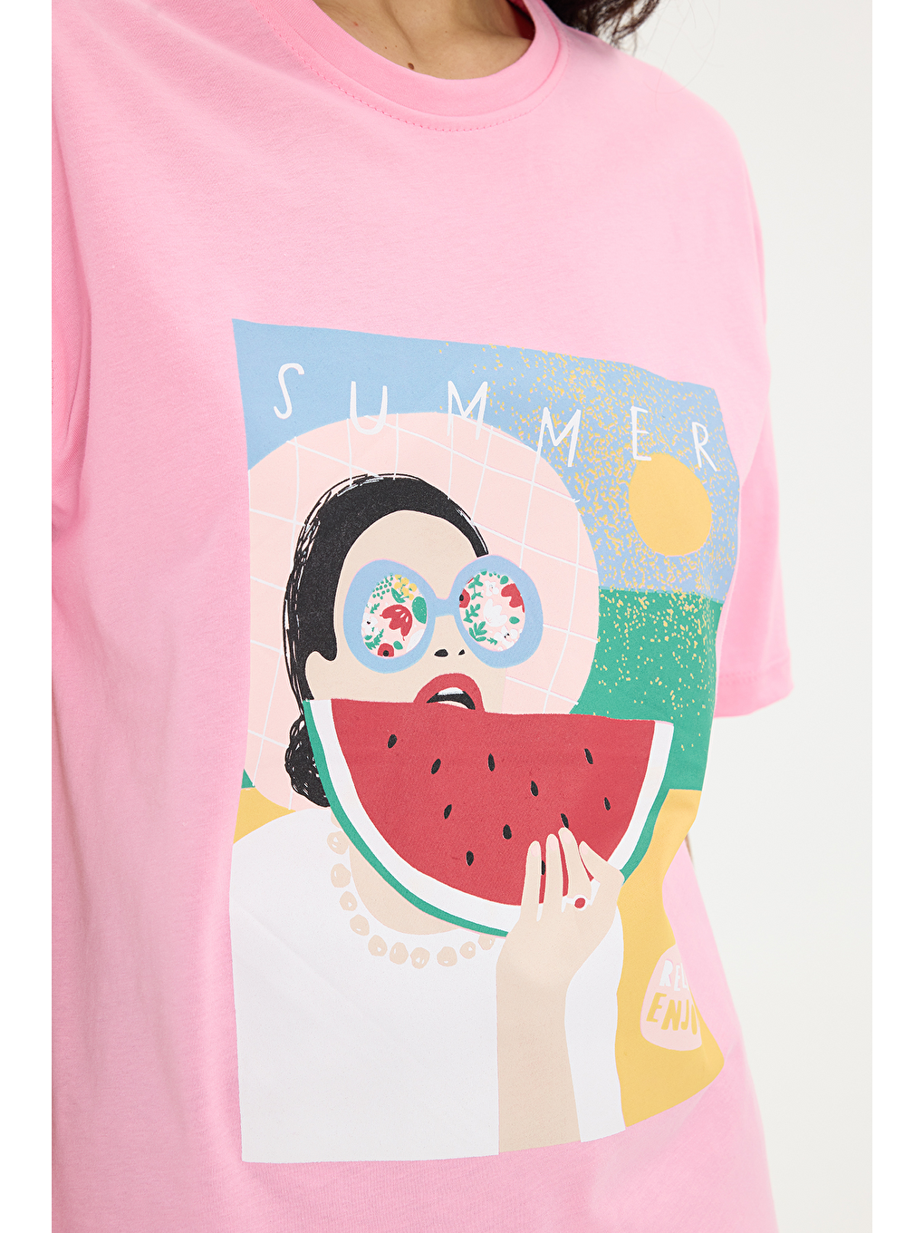 Kadın Oversize Geniş Kesim %100 Pamuk Bisiklet Yaka Kısa Kollu Baskılı Pembe Tişört-4
