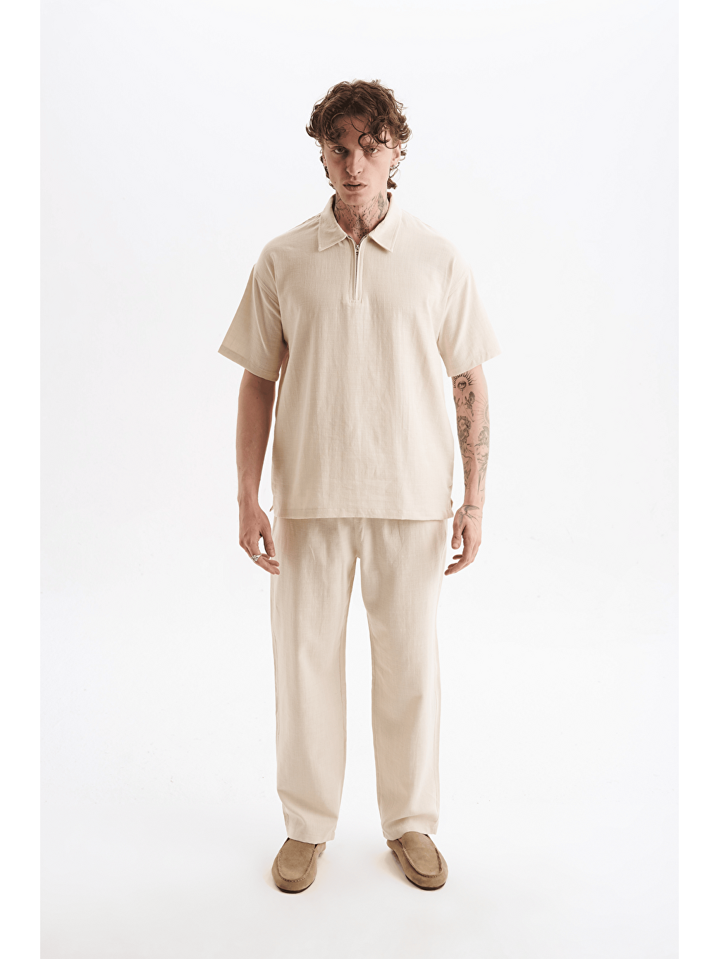 Erkek %100 Pamuklu Keten Görünümlü Pantolon Tshirt Takım Bej