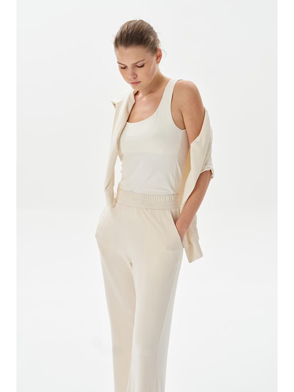 Modal Örme Nervürlü Flare Pantolon Ekru