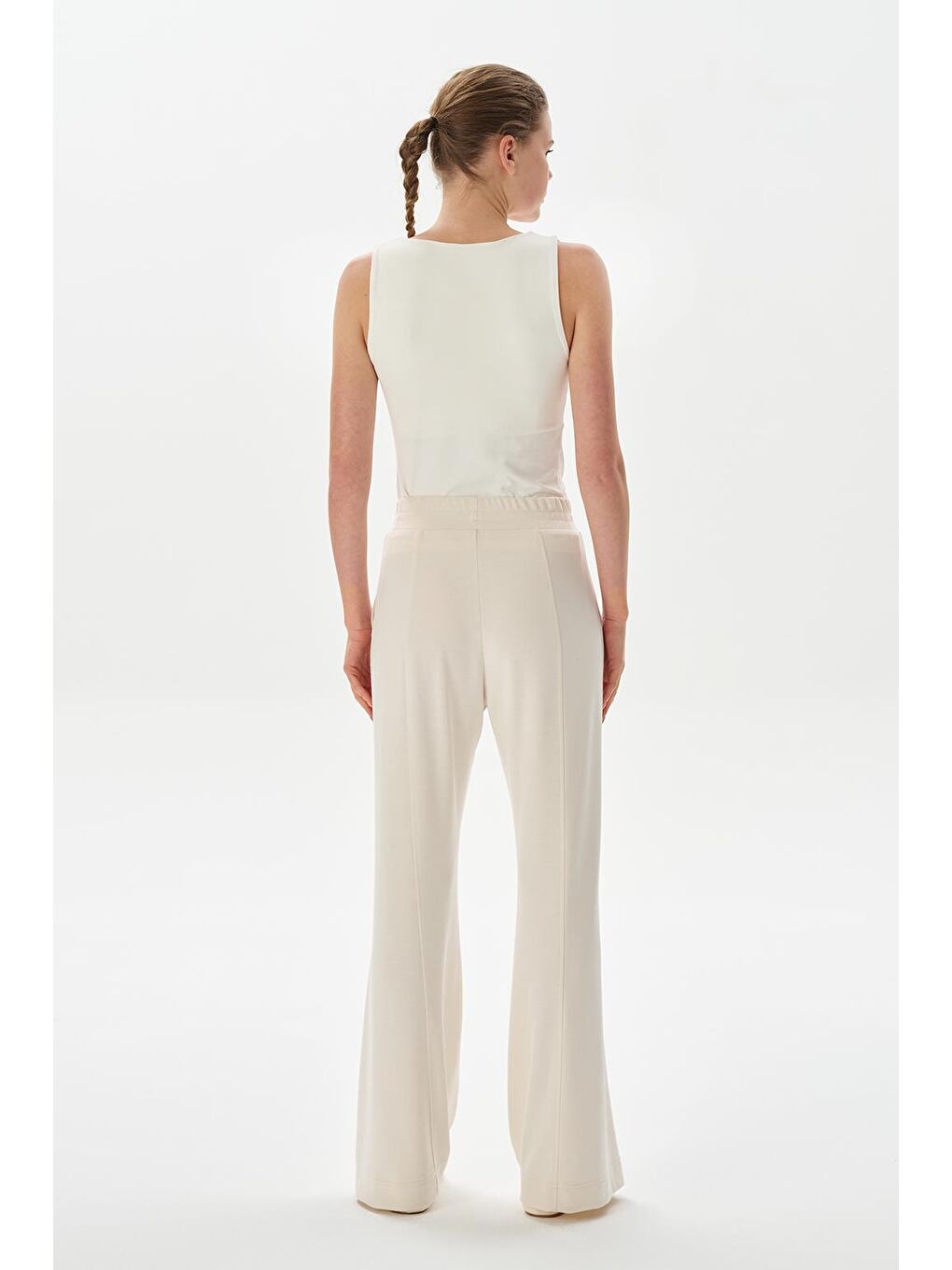 Modal Örme Nervürlü Flare Pantolon Ekru-2