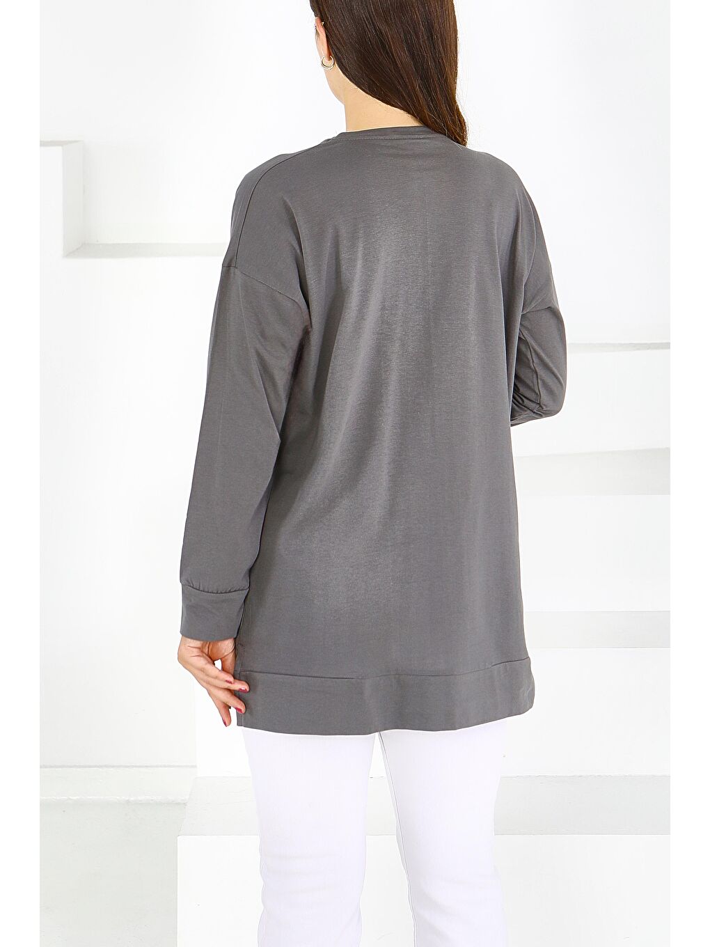 Gri Uzun Kollu Baskılı Süprem Tunik Füme - 27586-3