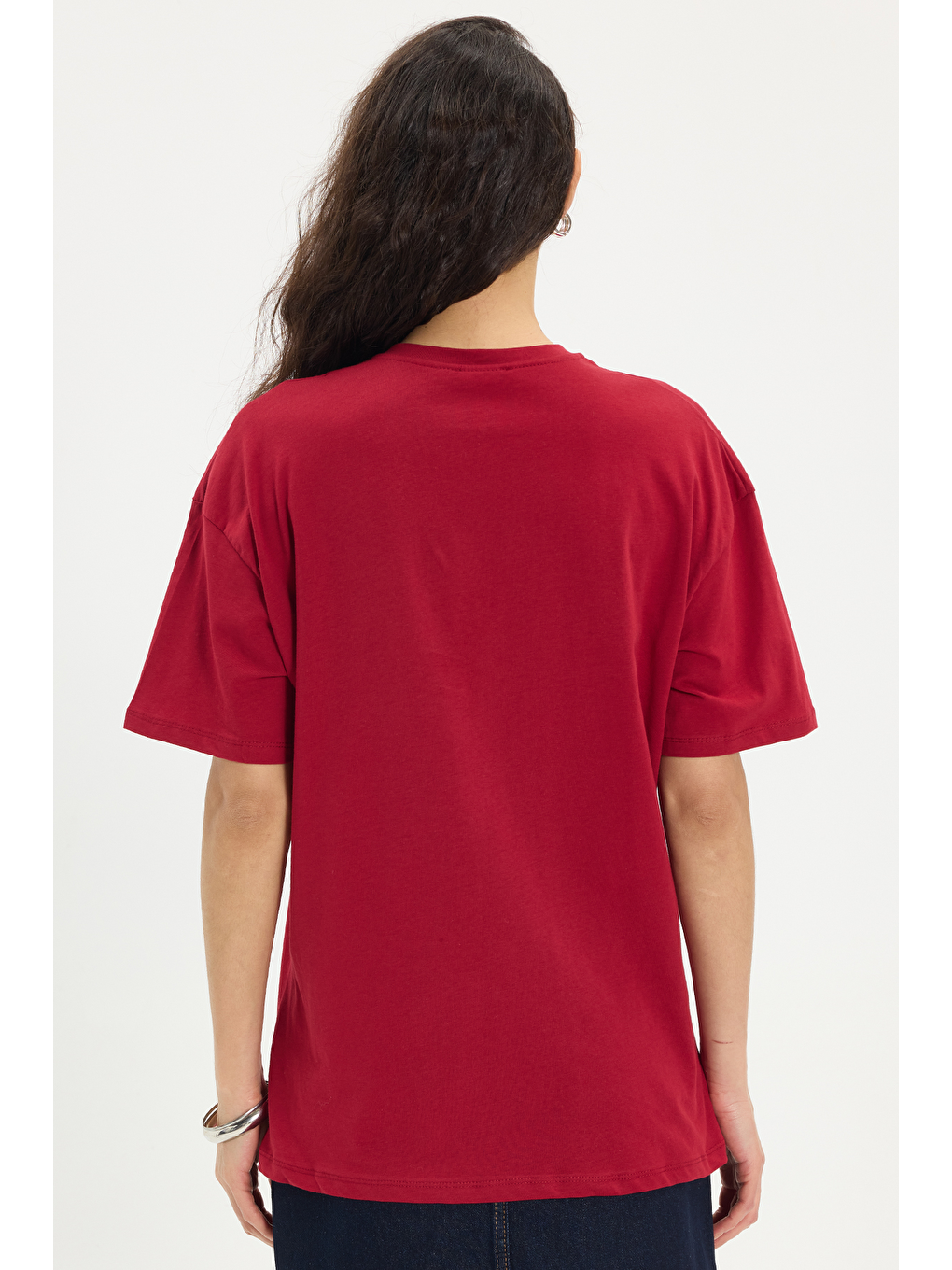 Kadın Oversize Geniş Kesim %100 Pamuk Bisiklet Yaka Kısa Kollu Baskılı Bordo Tişört-5