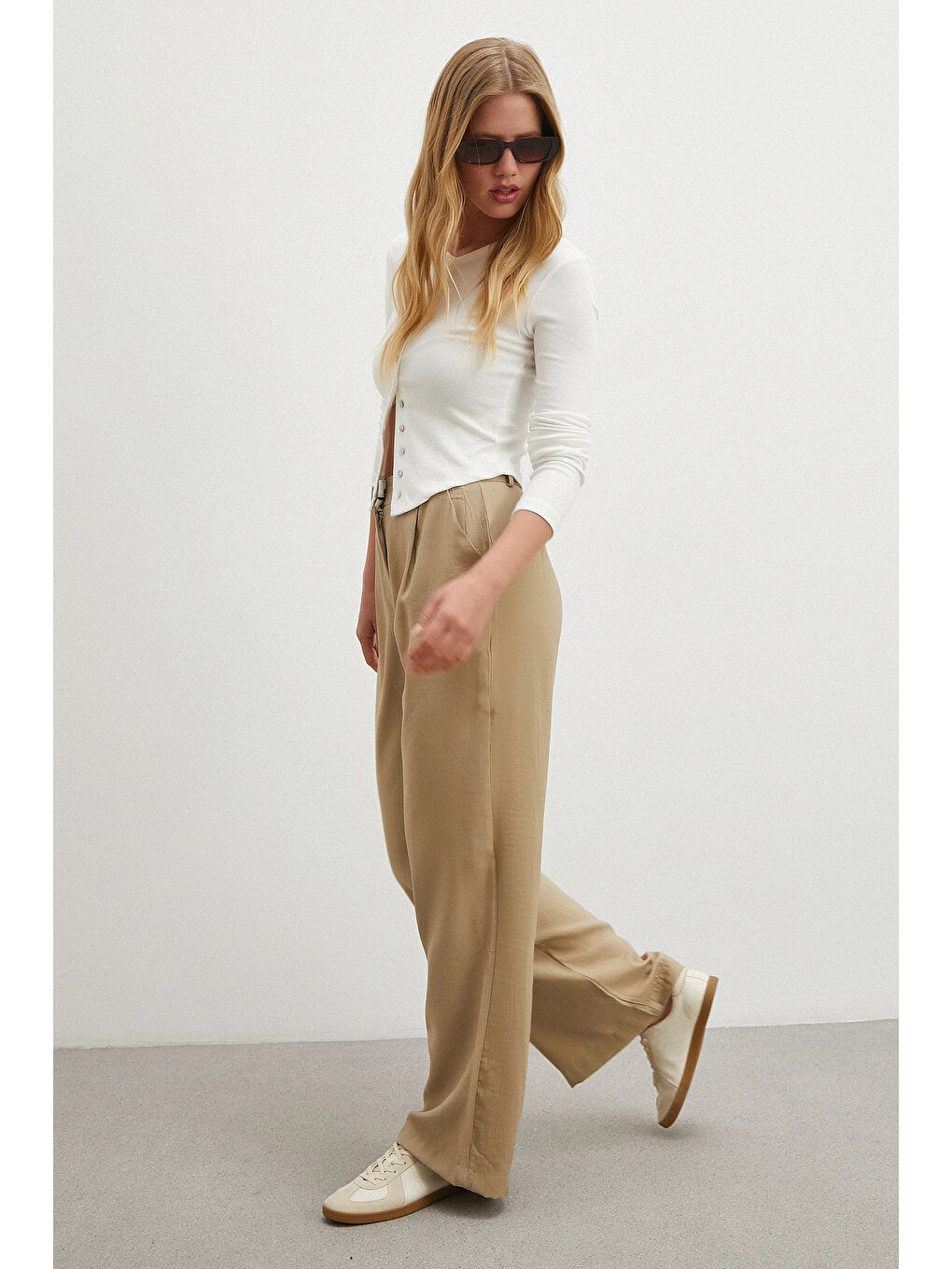 Bej Modal Palazzo Pantolon Taş-2