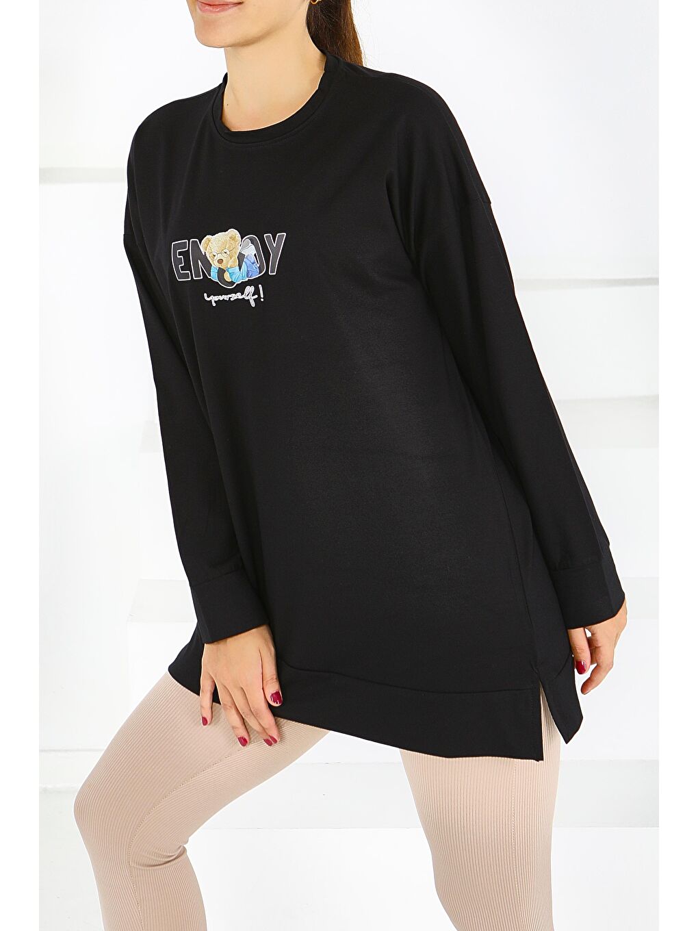 Uzun Kollu Baskılı Süprem Tunik Siyah - 27589-2