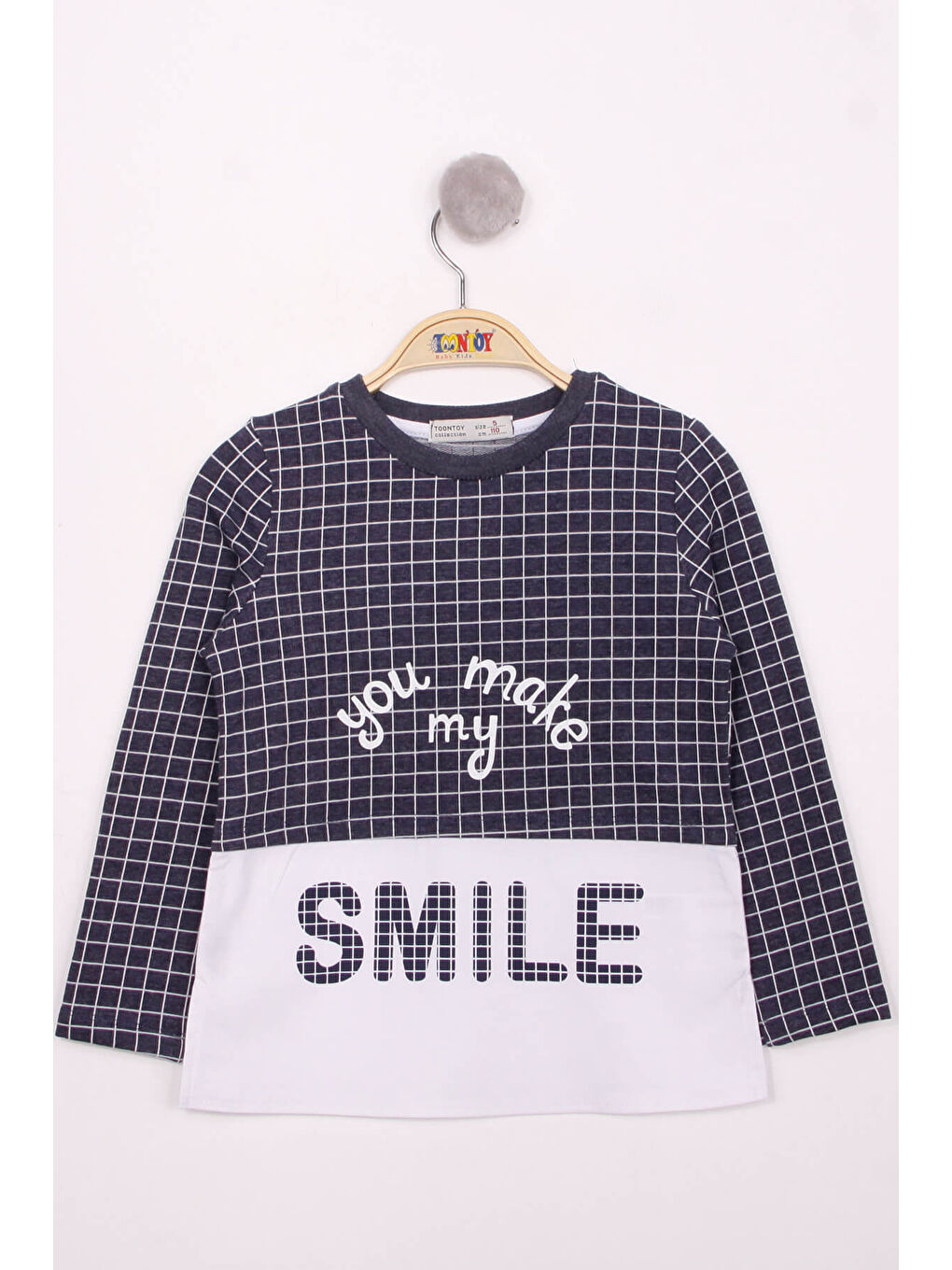Lacivert Kız Çocuk Kareli Kumaşlı Smile Baskılı T-Shirt