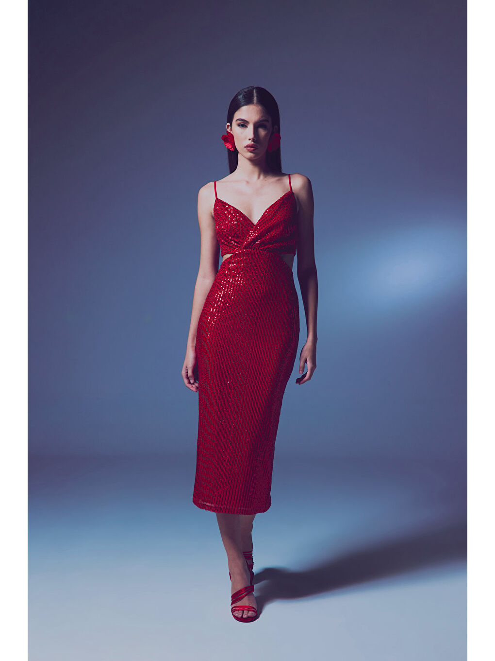 Dekolteli Payet Elbise - Kırmızı-1