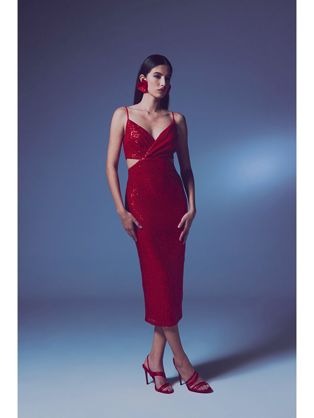 Dekolteli Payet Elbise - Kırmızı-2