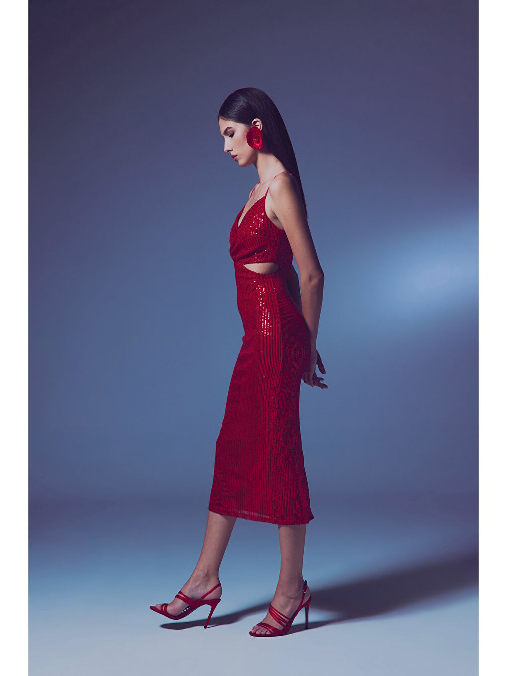 Dekolteli Payet Elbise - Kırmızı-3