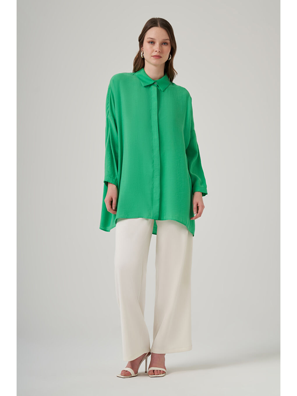 Yeşil Oversize Basic Yazlık Gömlek 3001 Benetton-3