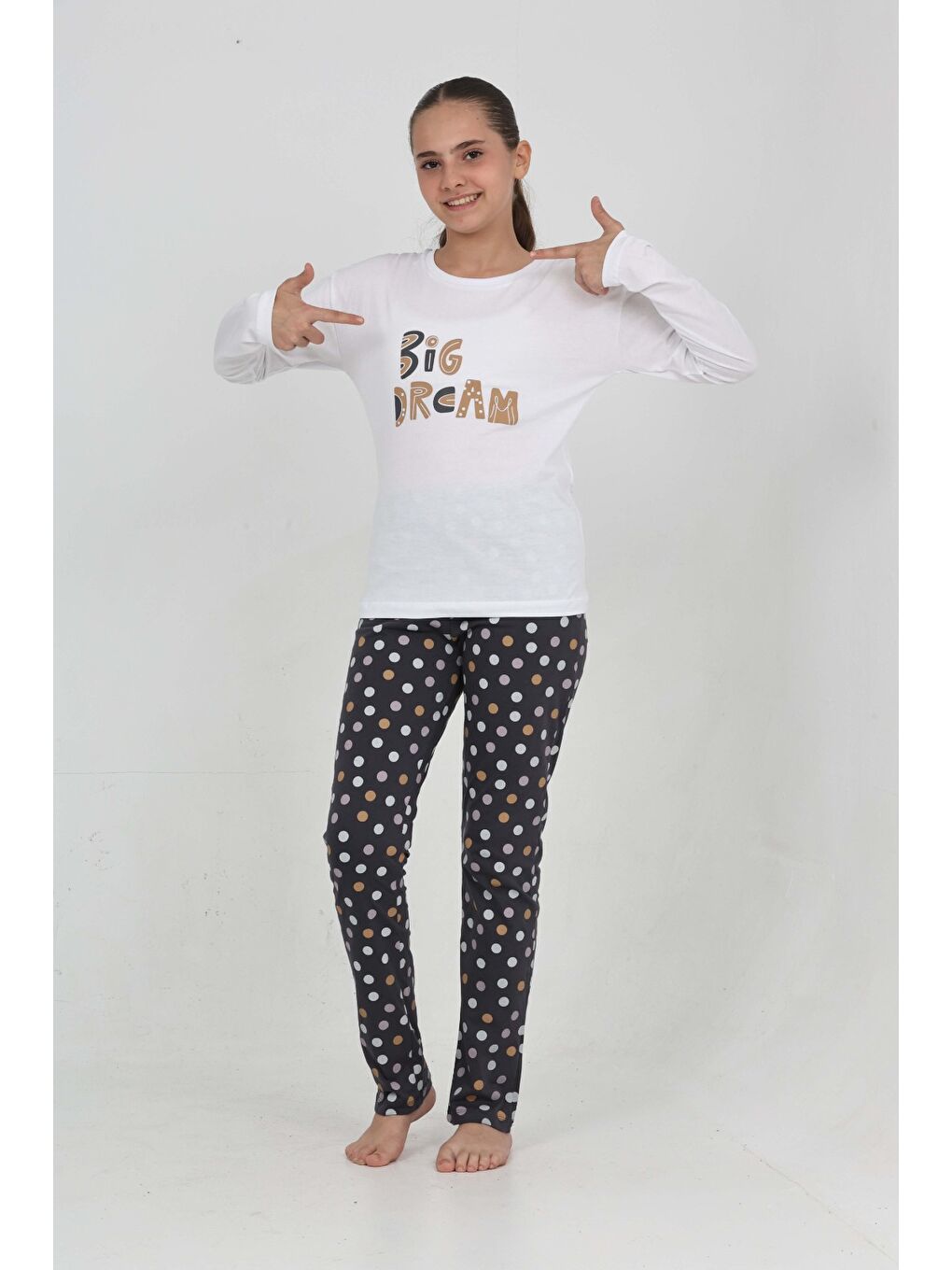 Beyaz Kız Çocuk Big Dream Baskılı Pijama Takım-1