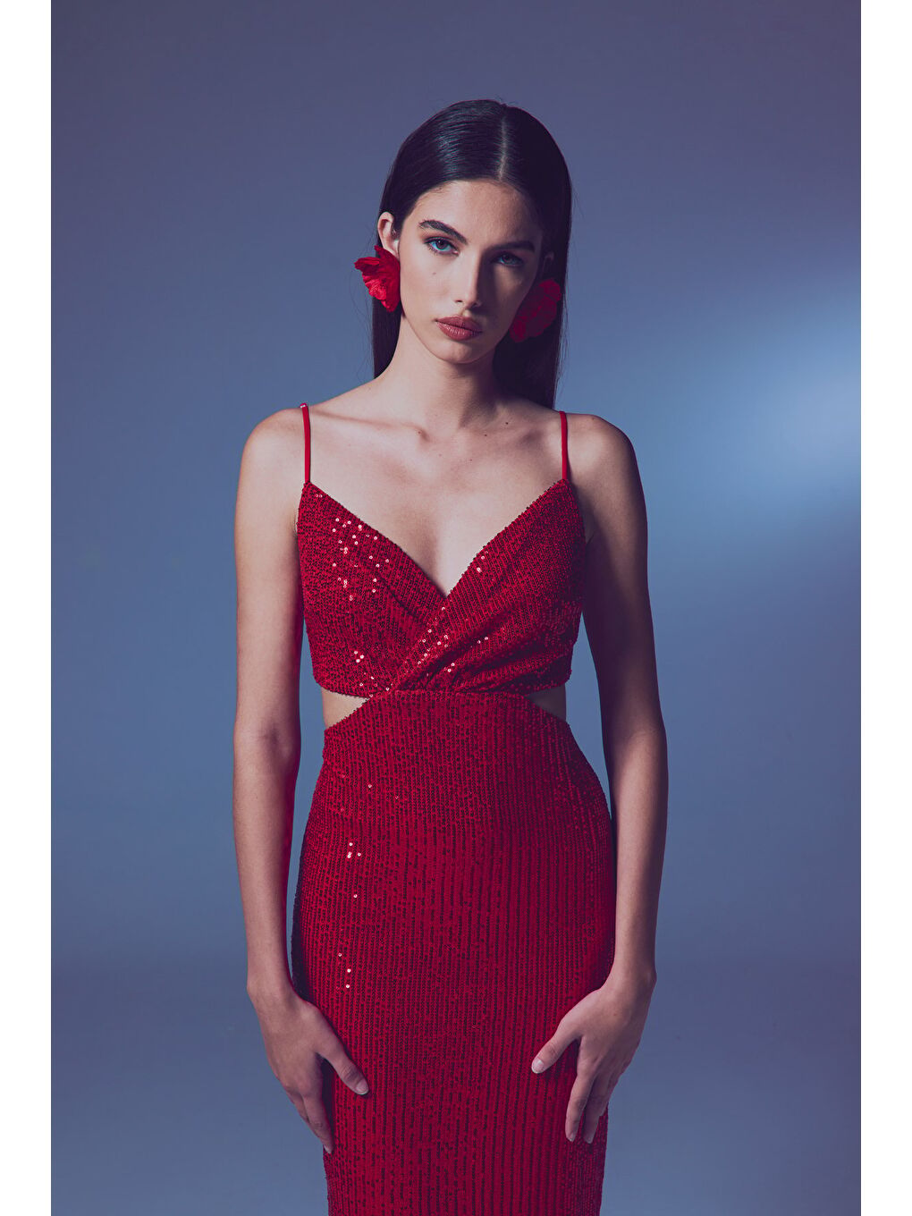 Dekolteli Payet Elbise - Kırmızı-5