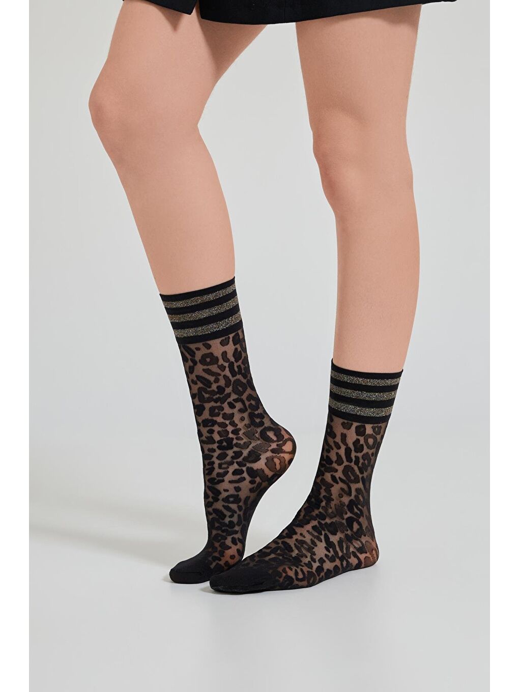 Kadın Leopar Desenli İnce Soket Çorap Siyah/Silver