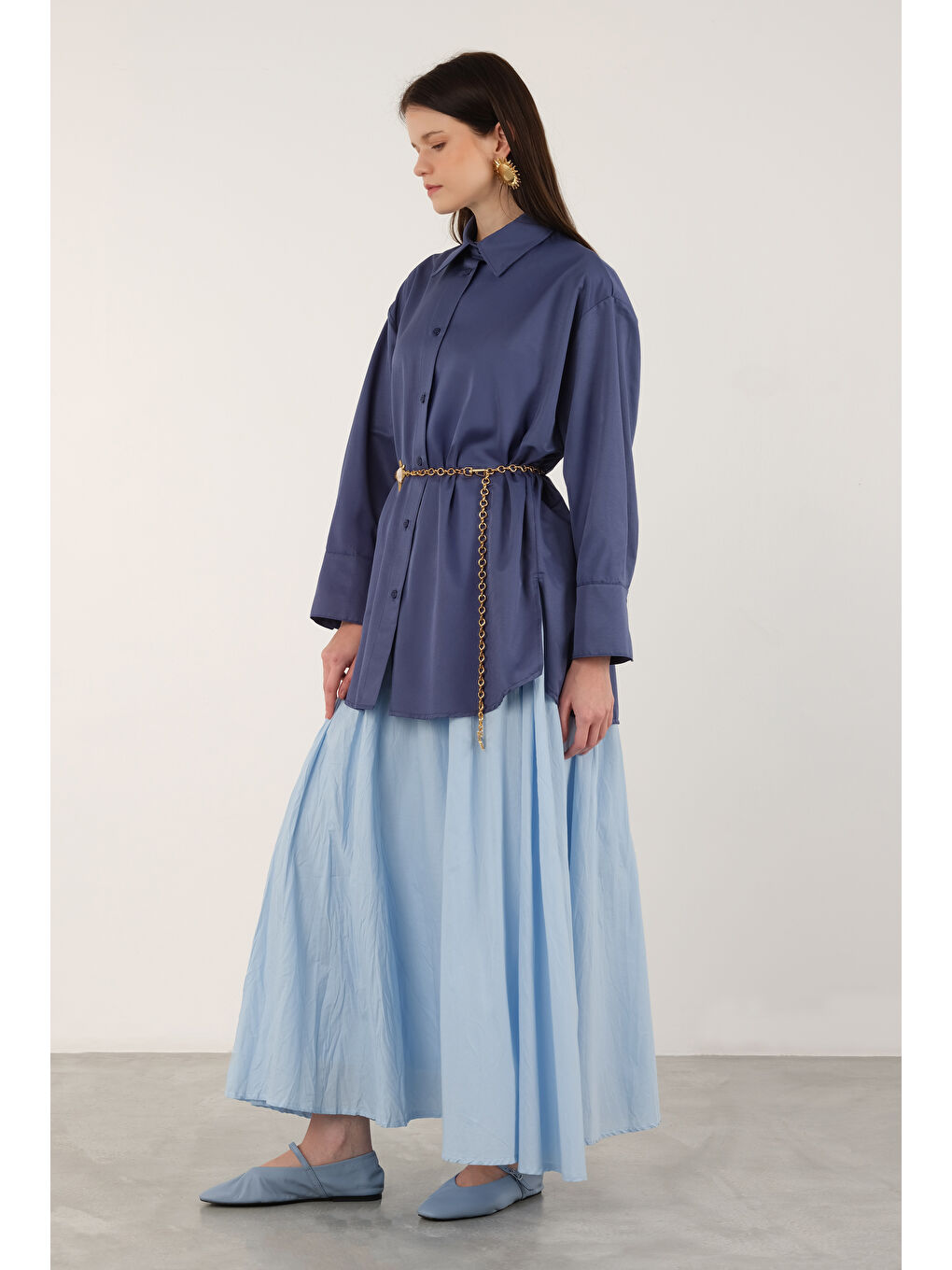 Poplin Gömlek Kısa Jean Mavi-1