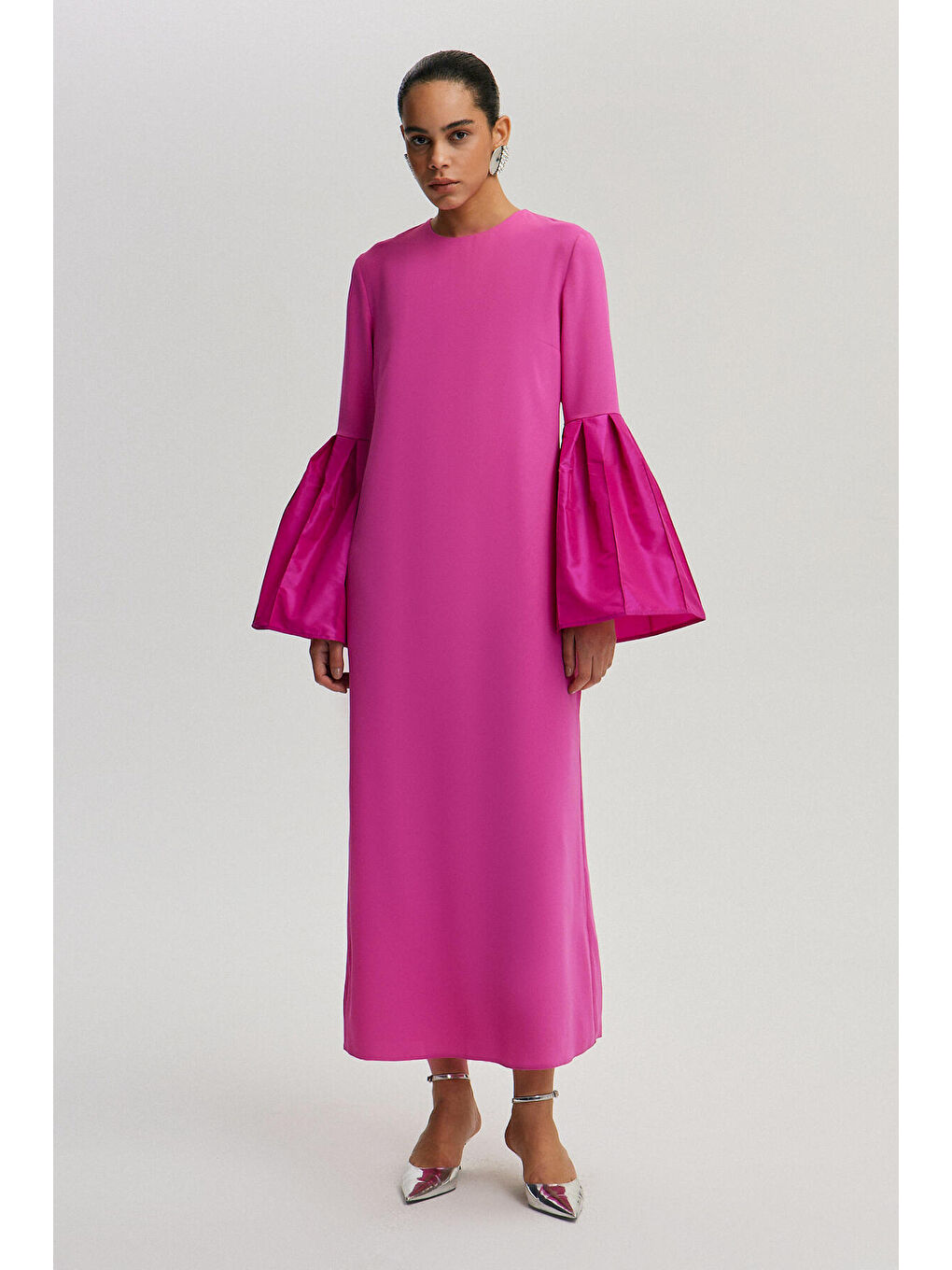 Fuşya Tafta Kol Detaylı Elbise