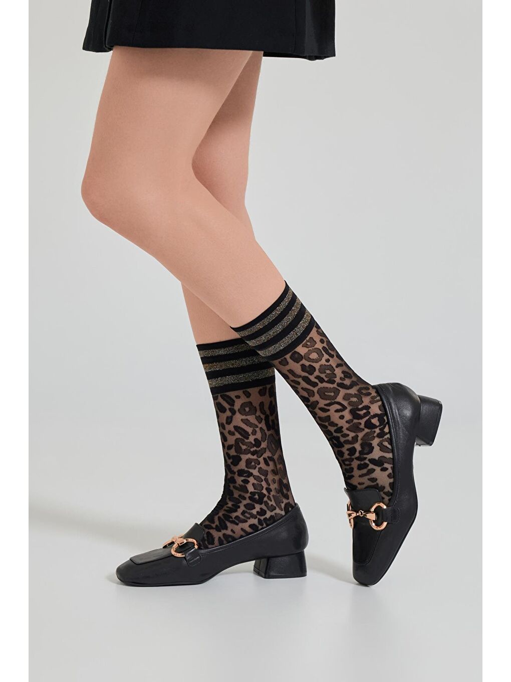 Kadın Leopar Desenli İnce Soket Çorap Siyah/Silver-1