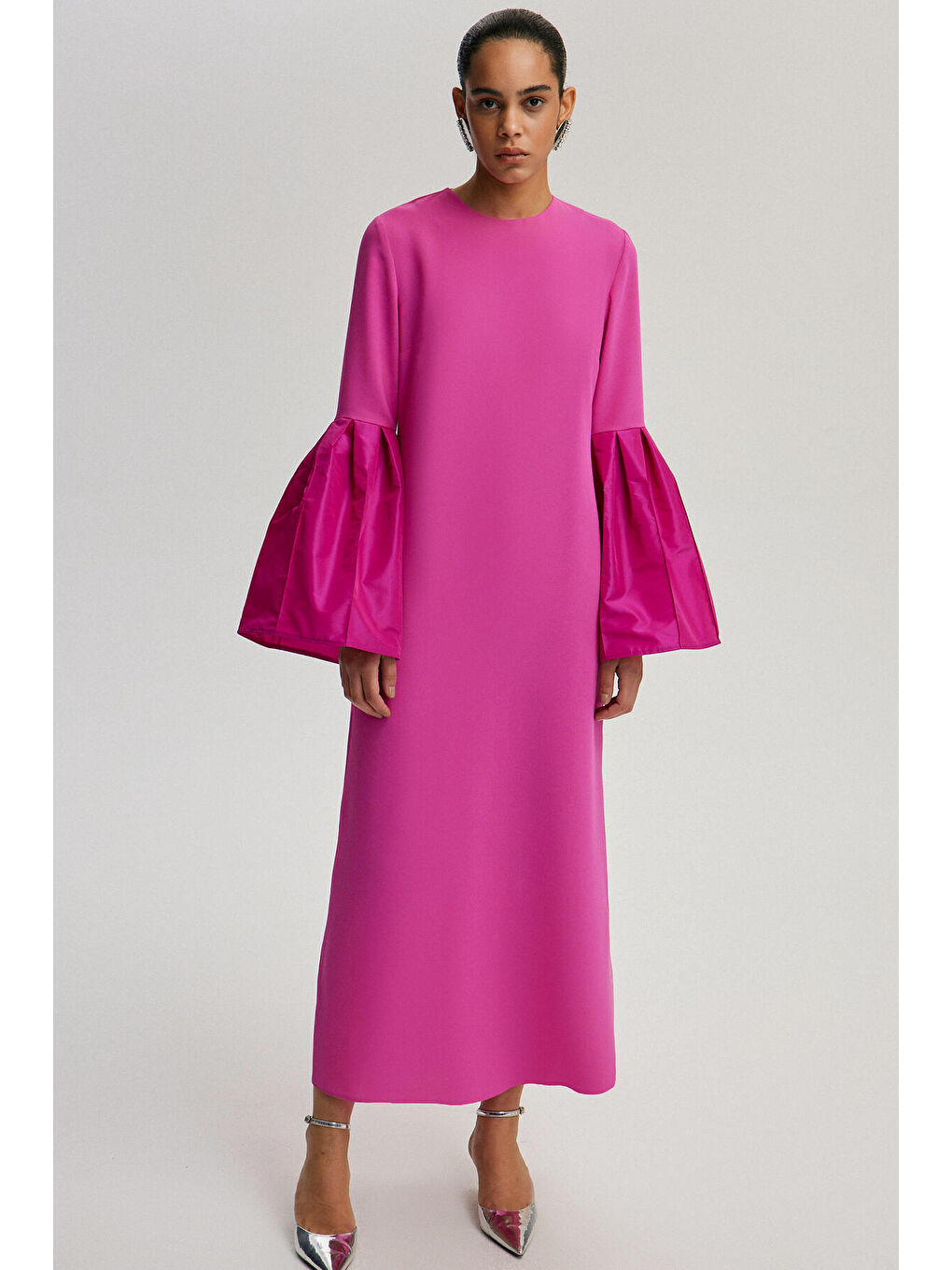 Fuşya Tafta Kol Detaylı Elbise-1