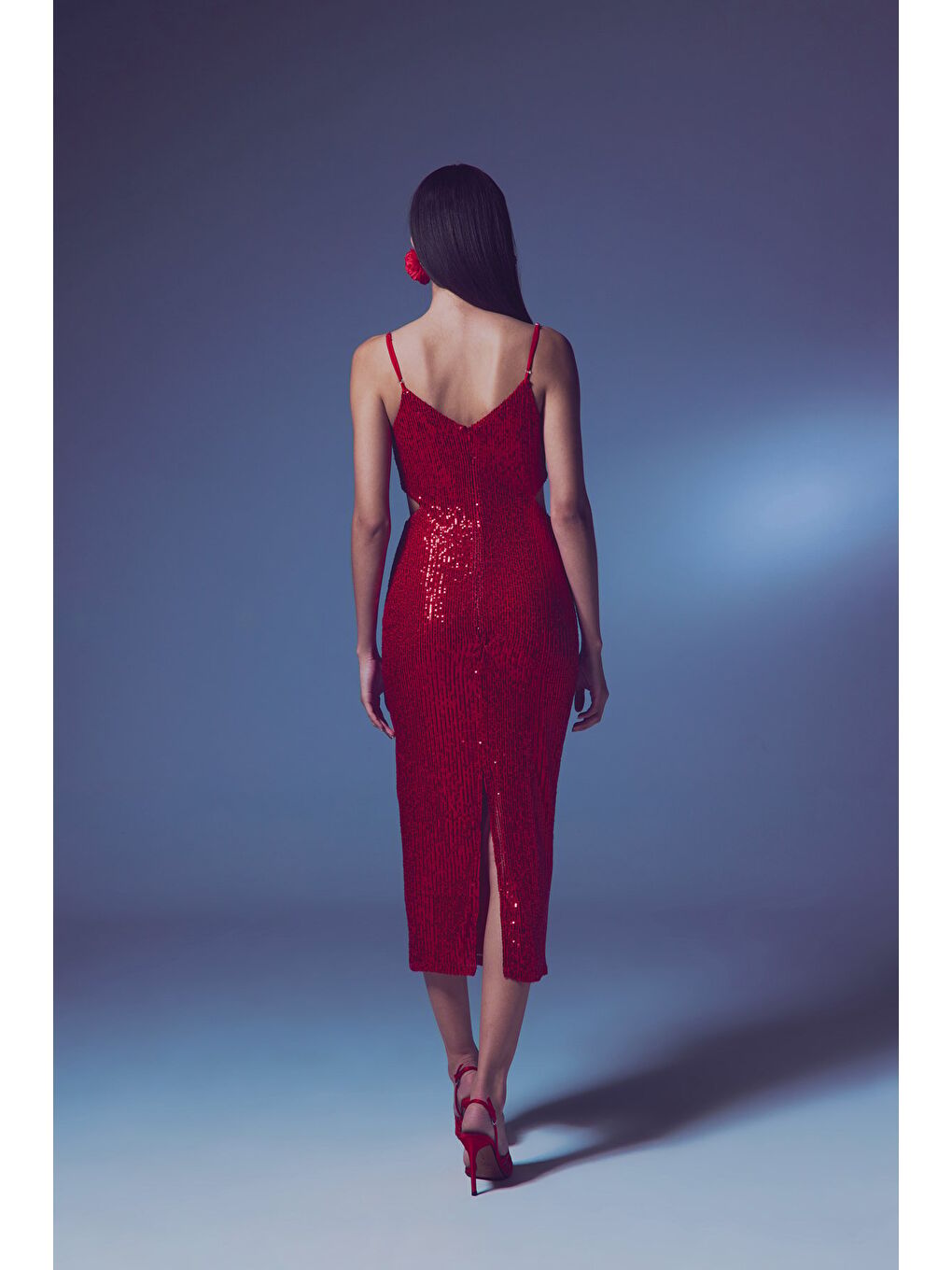 Dekolteli Payet Elbise - Kırmızı-7