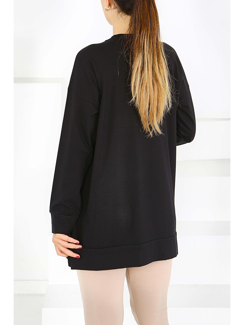 Uzun Kollu Baskılı Süprem Tunik Siyah - 27589-3