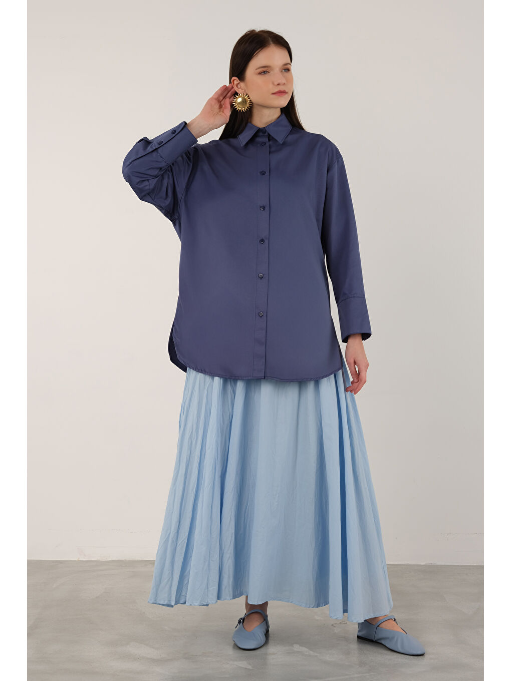 Poplin Gömlek Kısa Jean Mavi-2