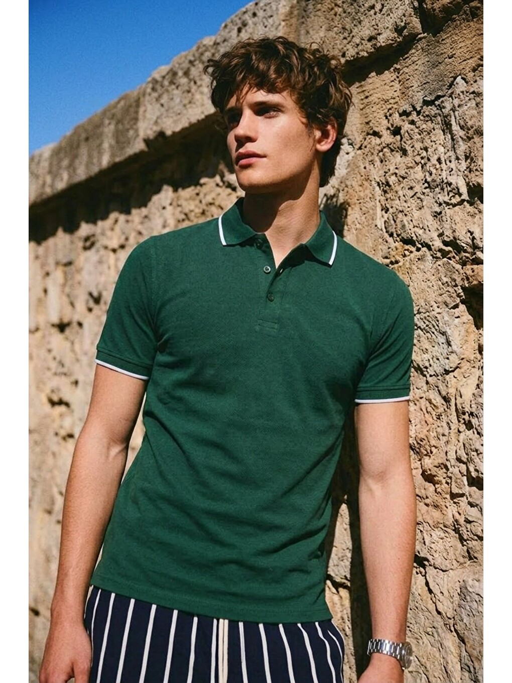 Erkek Basic Klasik Haki Polo Yaka Tişört-1