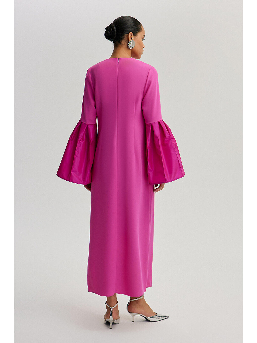Fuşya Tafta Kol Detaylı Elbise-3