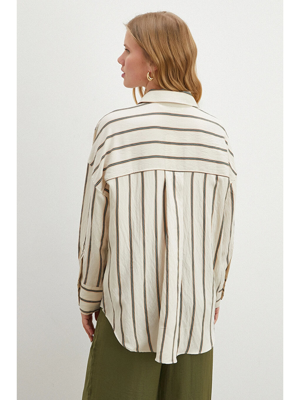 Ekru Çizgili Diagonal Gömlek Krem-5