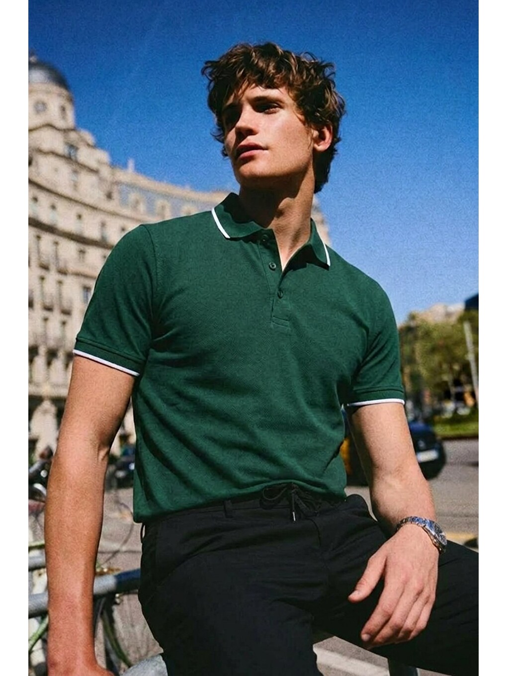 Erkek Basic Klasik Haki Polo Yaka Tişört-3