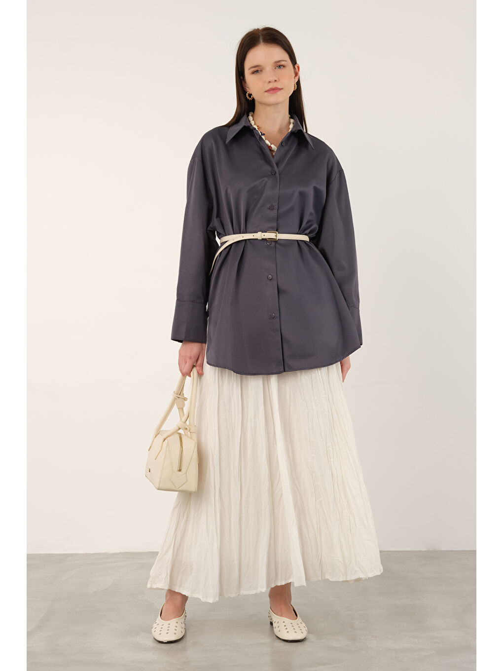 Gri Poplin Gömlek Kısa Füme