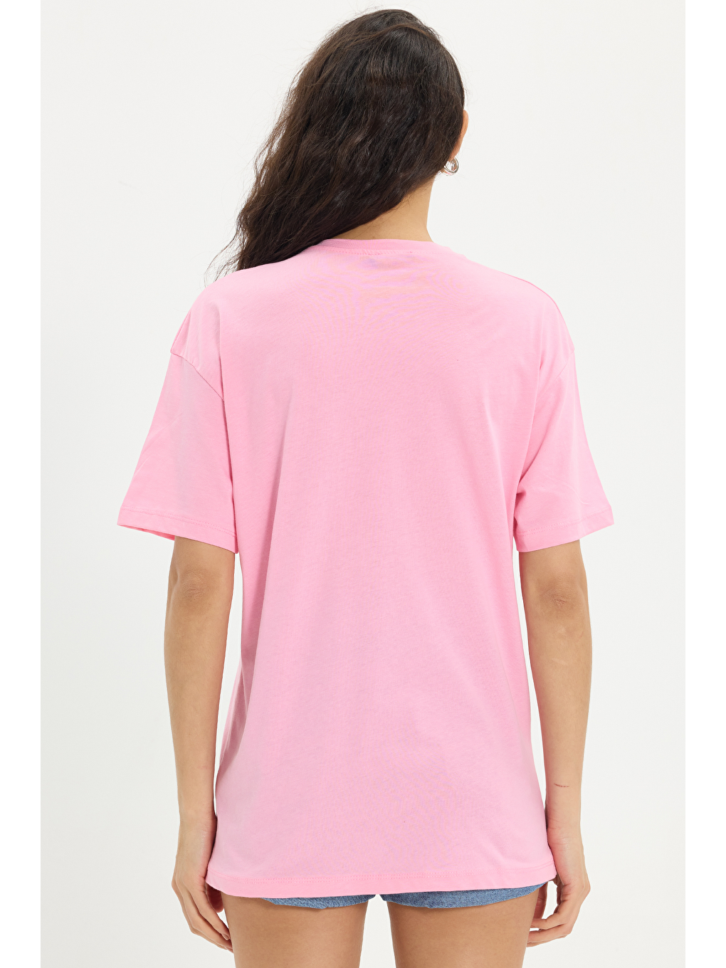 Kadın Oversize Geniş Kesim %100 Pamuk Bisiklet Yaka Kısa Kollu Baskılı Pembe Tişört-5