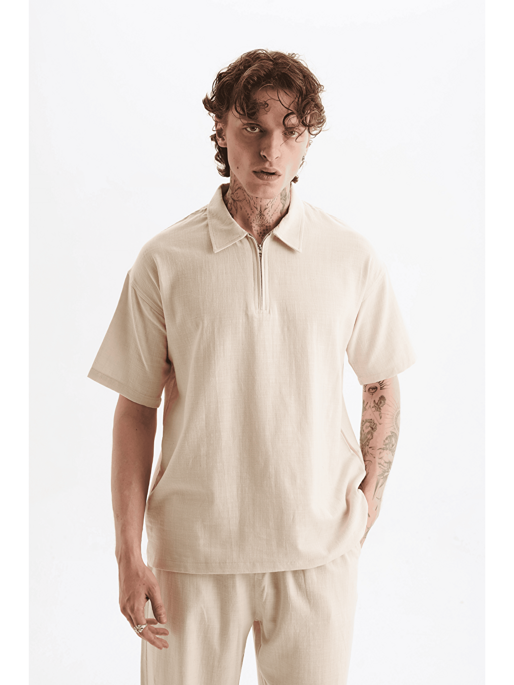 Erkek %100 Pamuklu Keten Görünümlü Pantolon Tshirt Takım Bej-1