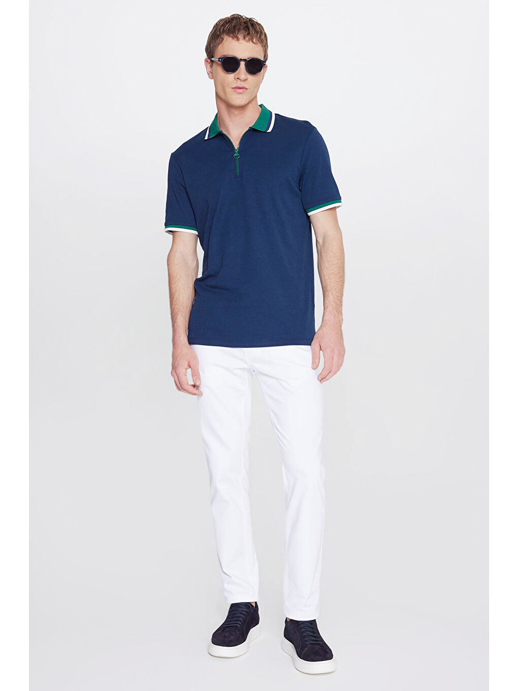 Erkek Lacivert-Yeşil Regular Fit Geniş Kesim Polo Yaka %100 Pamuk Tişört-1