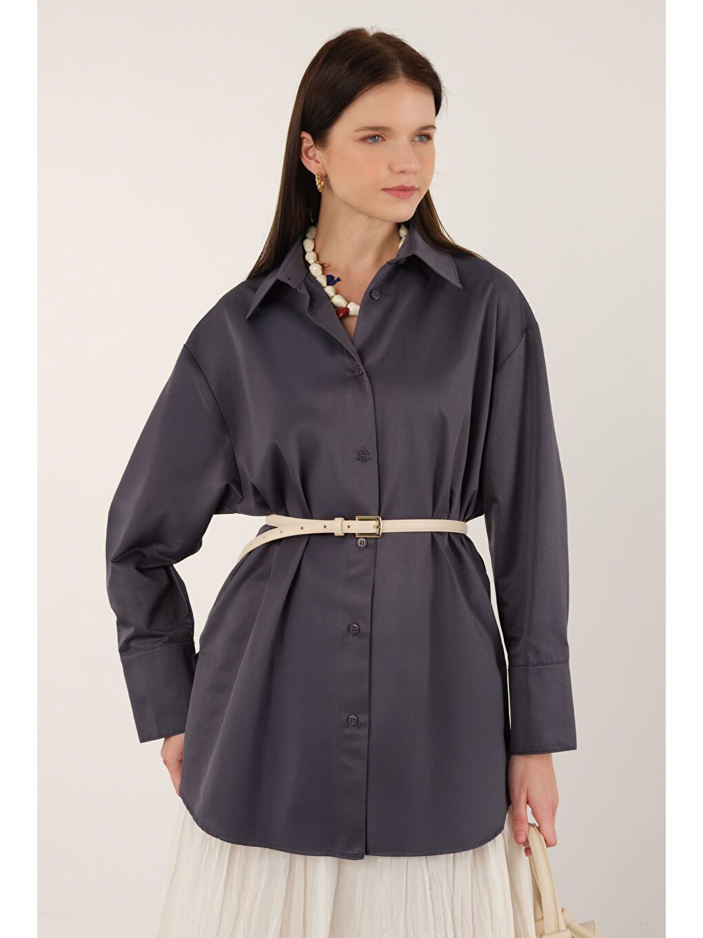 Gri Poplin Gömlek Kısa Füme-1