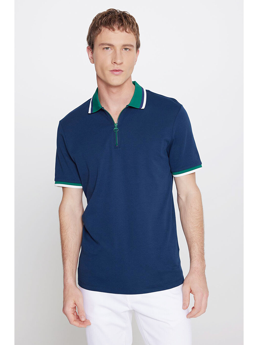 Erkek Lacivert-Yeşil Regular Fit Geniş Kesim Polo Yaka %100 Pamuk Tişört-2