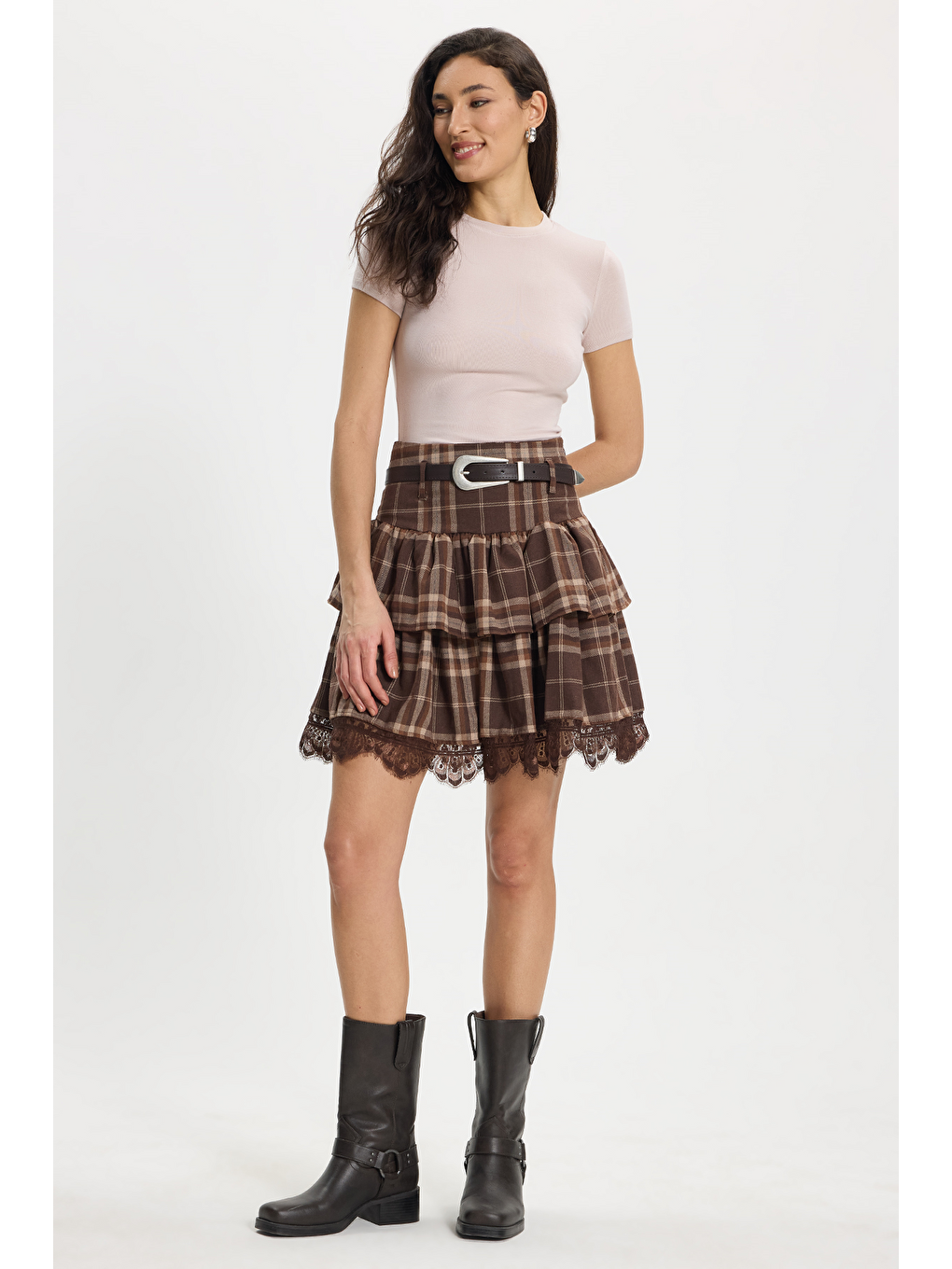 Kadın Slim Fit Dar Kesim Pamuklu Kısa Kollu Bisiklet Yaka Pembe Tişört-1