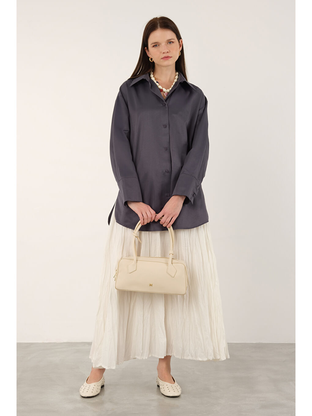 Gri Poplin Gömlek Kısa Füme-2