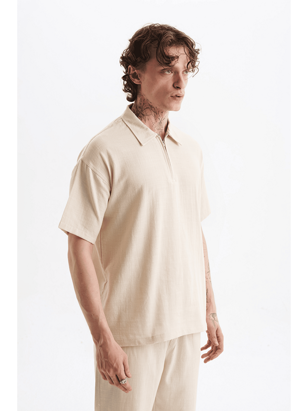 Erkek %100 Pamuklu Keten Görünümlü Pantolon Tshirt Takım Bej-2