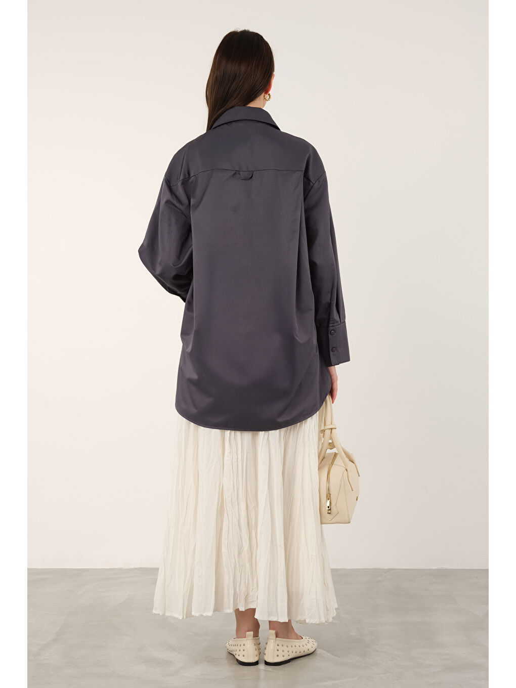 Gri Poplin Gömlek Kısa Füme-3