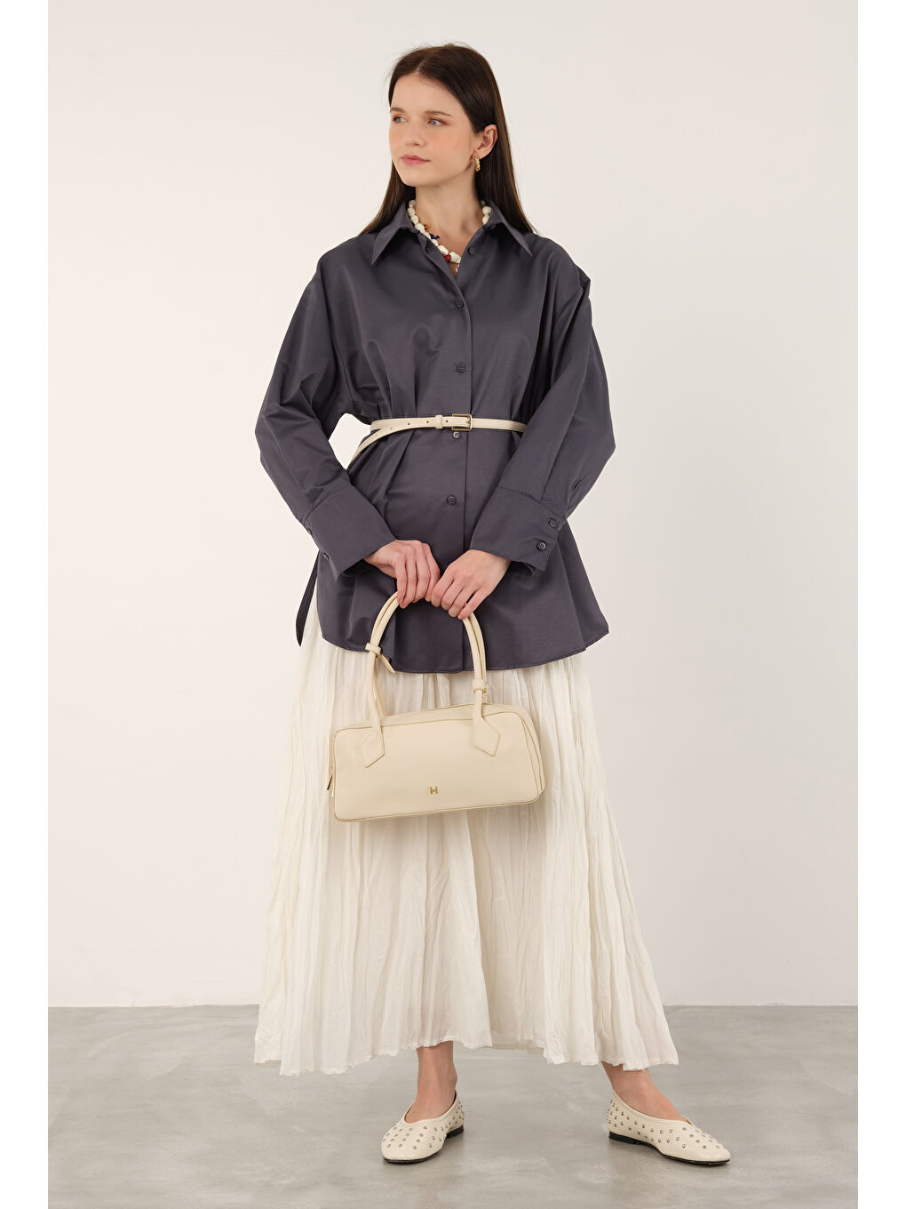 Gri Poplin Gömlek Kısa Füme-4