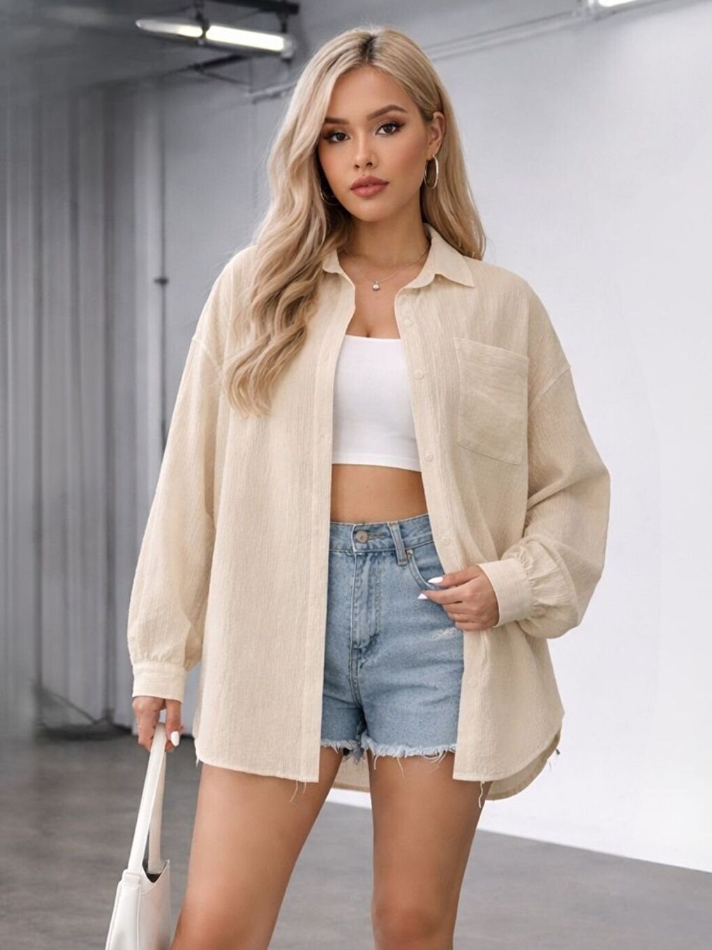 Bej Cepli Bürümcük Rahat Kalıp Gömlek