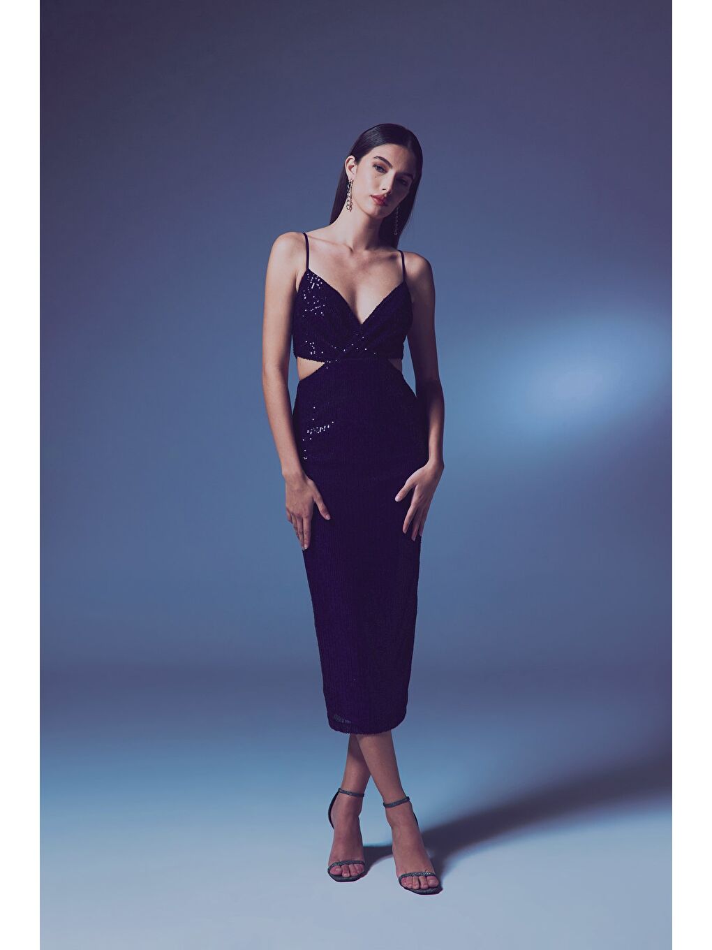 Dekolteli Payet Elbise - Lacivert-2