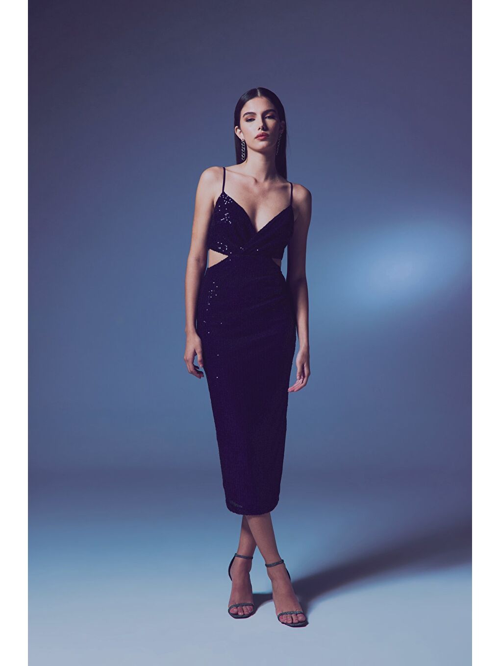 Dekolteli Payet Elbise - Lacivert-3