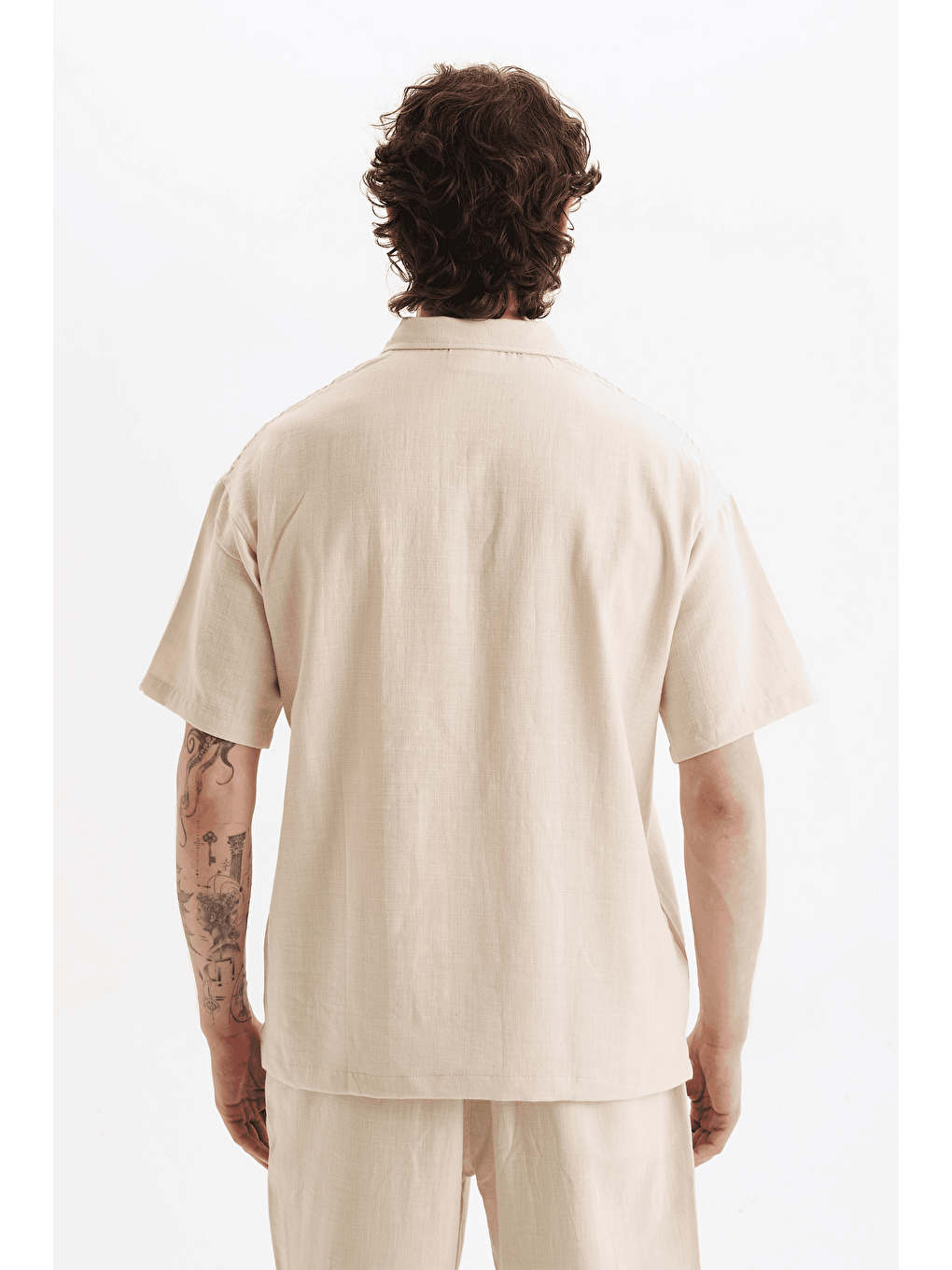 Erkek %100 Pamuklu Keten Görünümlü Pantolon Tshirt Takım Bej-3