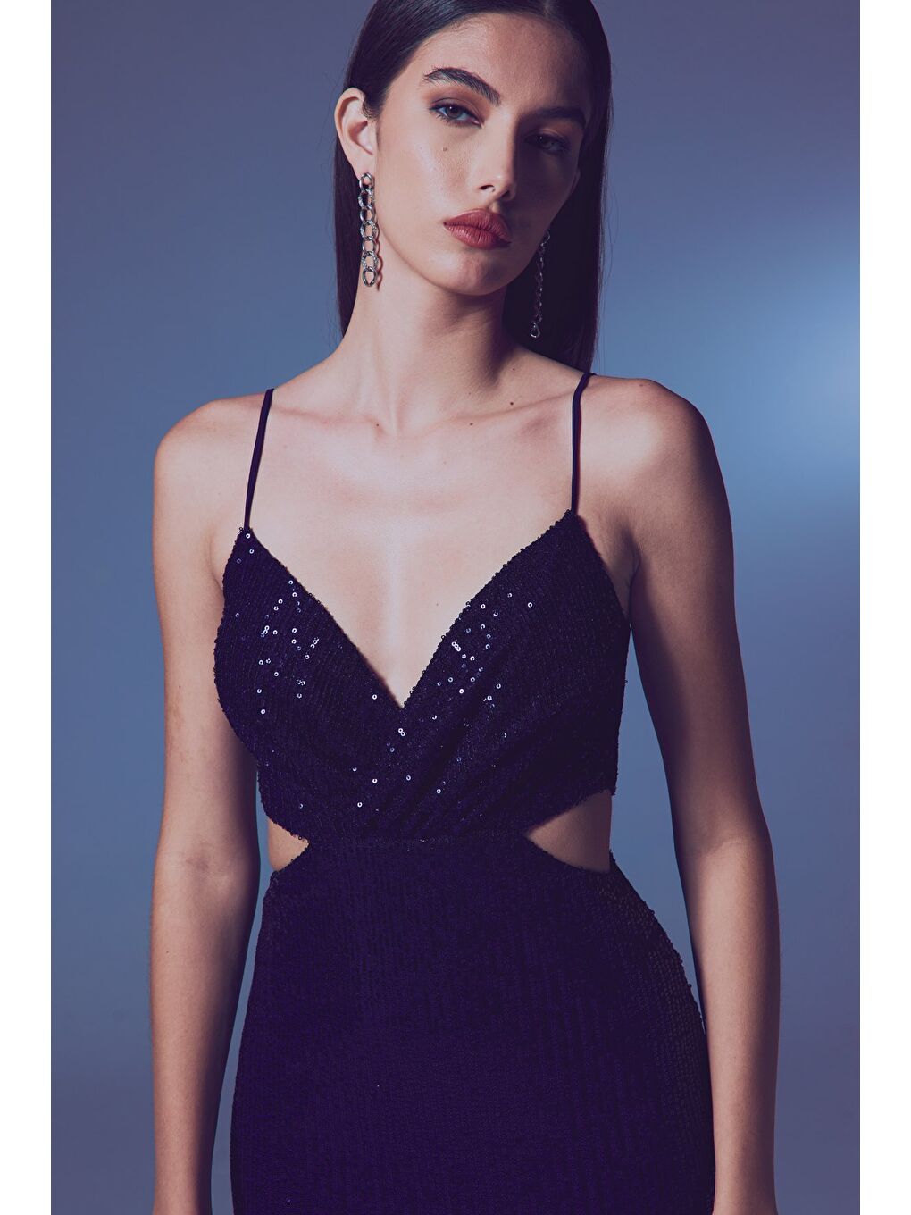 Dekolteli Payet Elbise - Lacivert-6