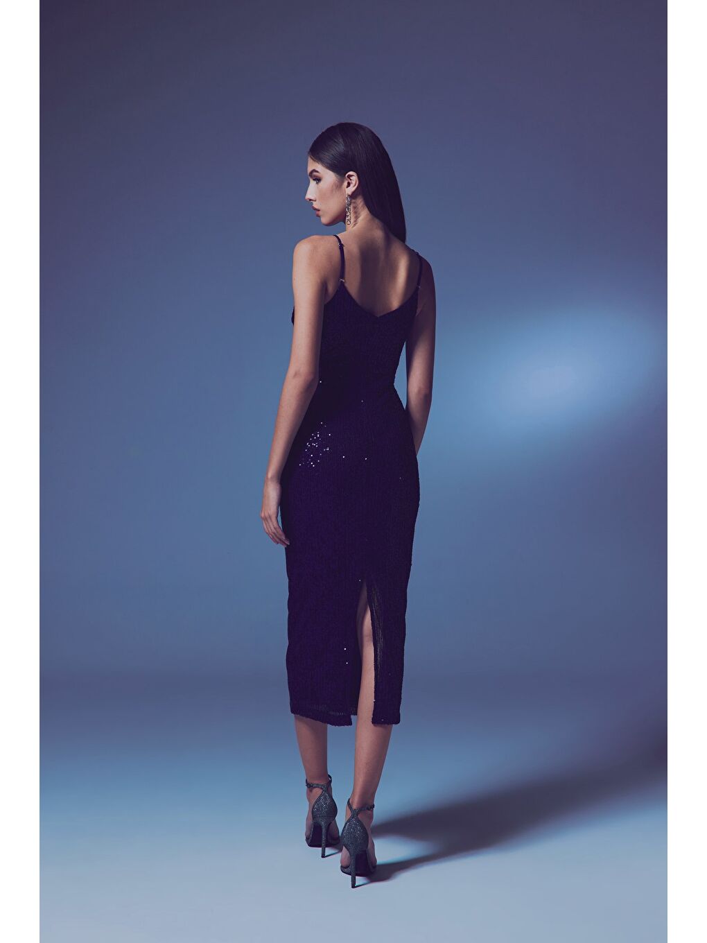 Dekolteli Payet Elbise - Lacivert-7