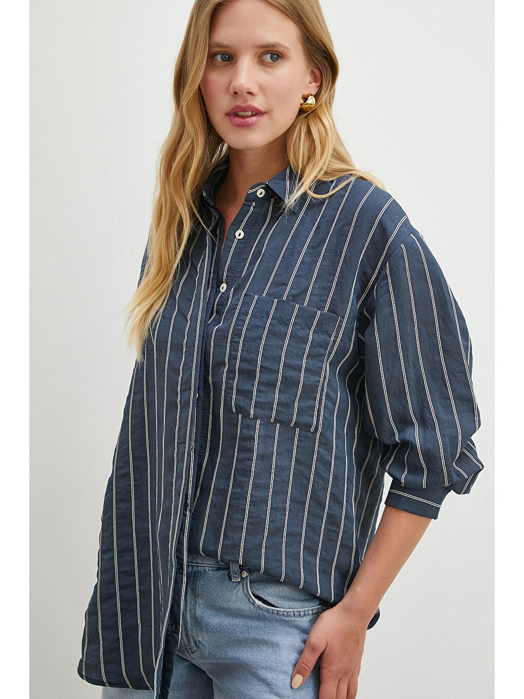 Çizgili Cepli Modal Gömlek Lacivert-2