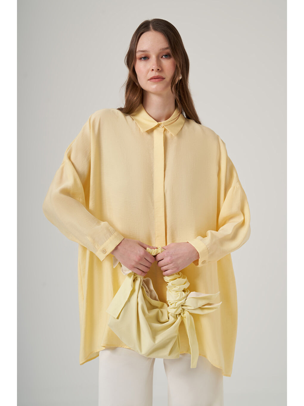 Bej Oversize Basic Yazlık Gömlek 3001 Vanilin Sarı