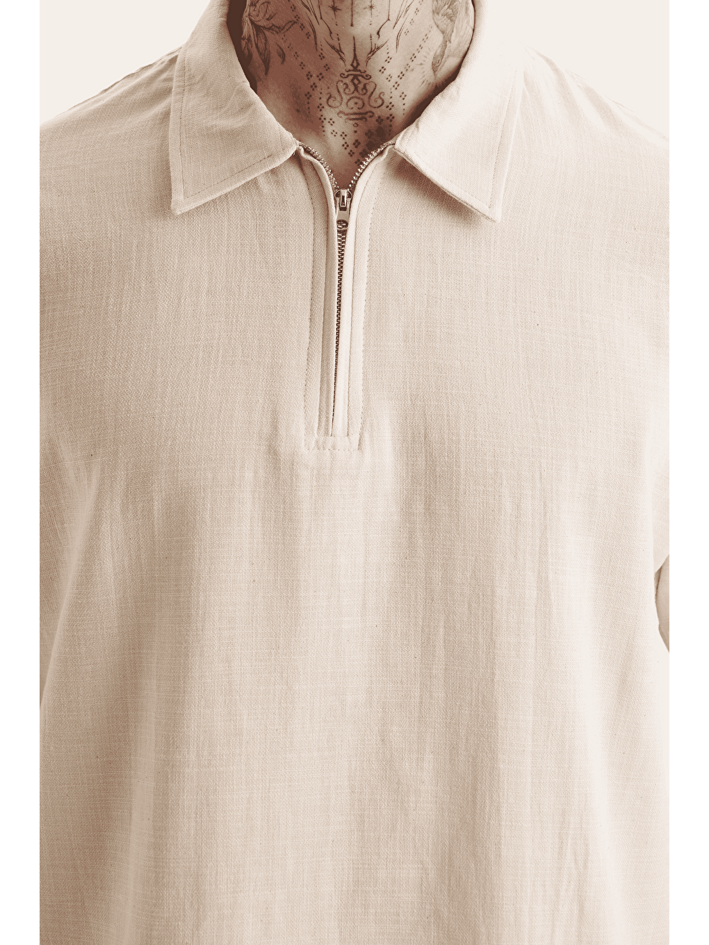 Erkek %100 Pamuklu Keten Görünümlü Pantolon Tshirt Takım Bej-4